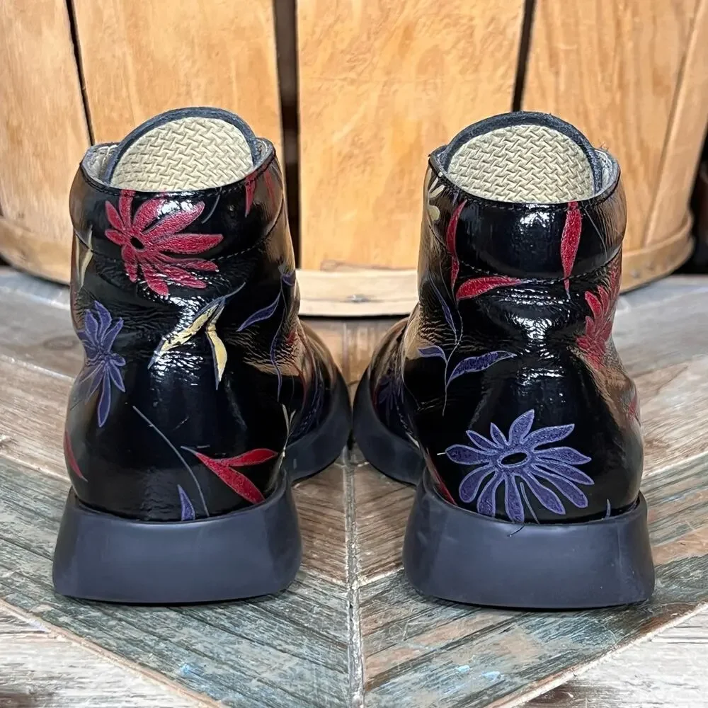 Aster Black Patent Leather Floral Flowers Multicolor Lace-Up Boots Youth EU 29
